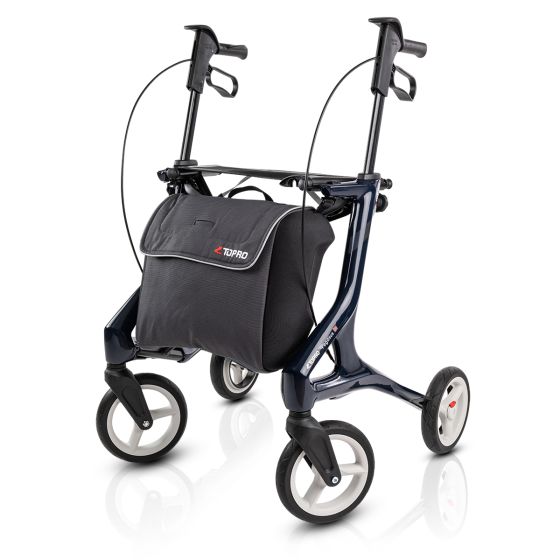 Image of the TOPRO Pegasus carbon rullator, steel blue coloured in size medium. Viewed obliquely from the front.
